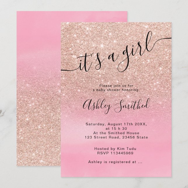 Rose gold glitter ombre pink script baby shower invitation (Front/Back)