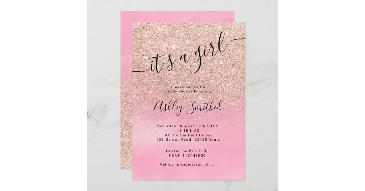 Rose gold glitter ombre pink script baby shower invitation | Zazzle