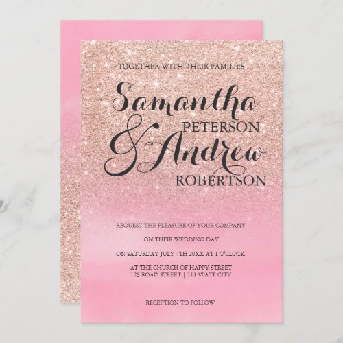 Rose gold glitter ombre pink watercolor wedding 3 invitation