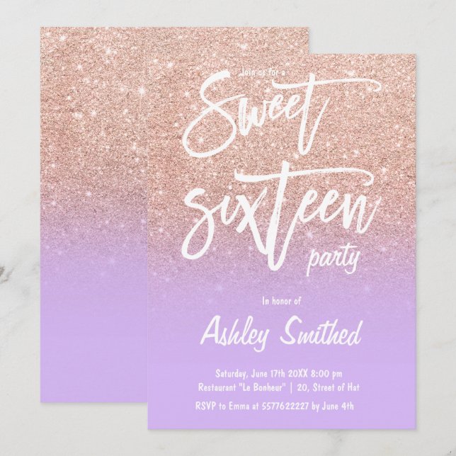 rose gold glitter ombre purple typography Sweet 16 Invitation (Front/Back)