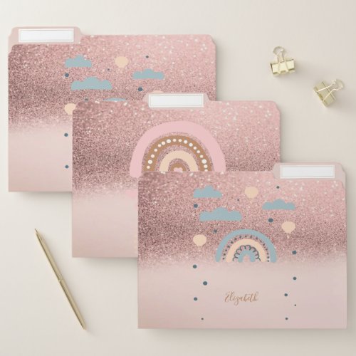 Rose Gold Glitter Ombre Rainbow Clouds Hearts File Folder