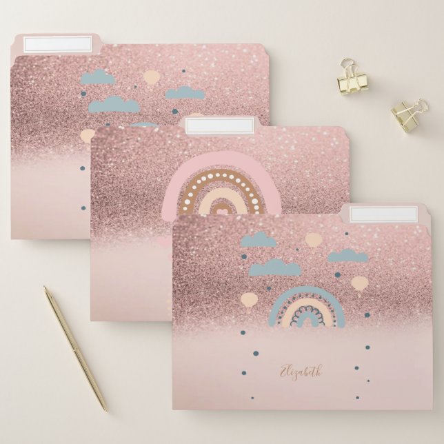 Rose Gold Glitter Ombre Rainbow Clouds Hearts File Folder (Set)
