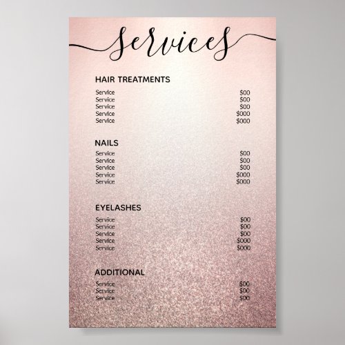 Rose Gold Glitter Ombre Salon Service Menu Poster