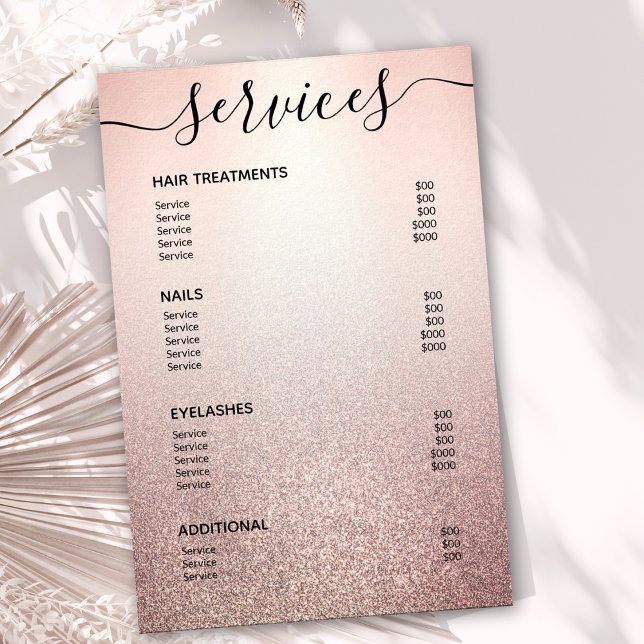 Rose Gold Glitter Ombre Salon Service Menu Poster (Creator Uploaded)