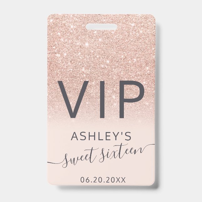 Rose gold glitter ombre script blush Sweet 16 VIP Badge (Front)