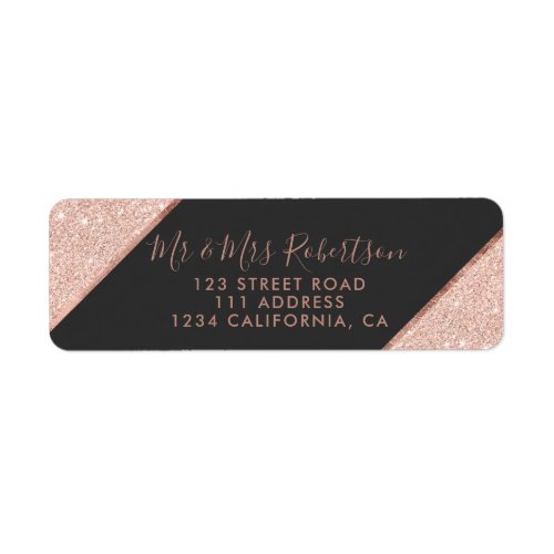 Rose gold glitter ombre script dark grey wedding label