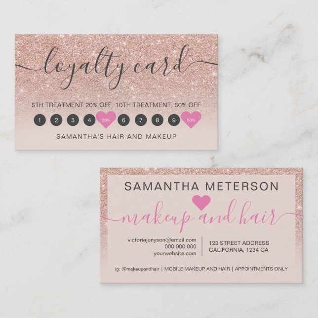 Rose gold glitter ombre script makeup blush 10 loyalty card (Front/Back)