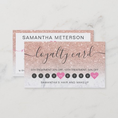 Rose gold glitter ombre script makeup marble 10 lo loyalty card