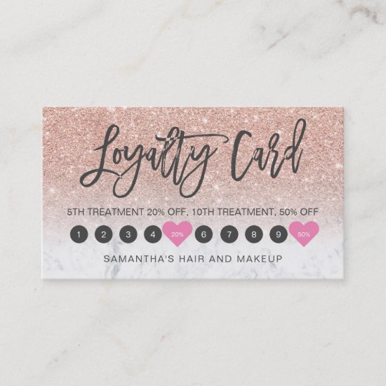 Rose gold glitter ombre script makeup marble 10 loyalty card