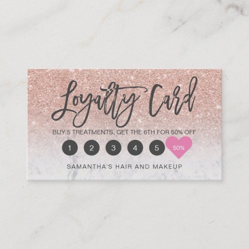 Rose gold glitter ombre script makeup marble loyalty card