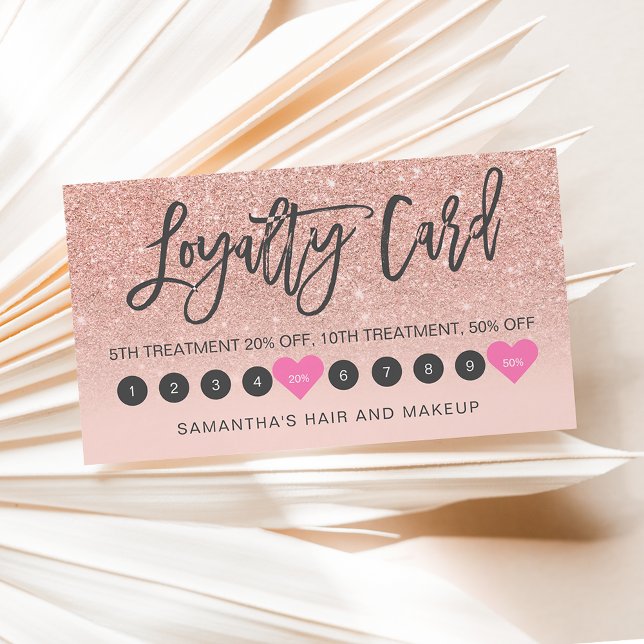 Rose gold glitter ombre script makeup pink 10 loyalty card (Creator Uploaded)