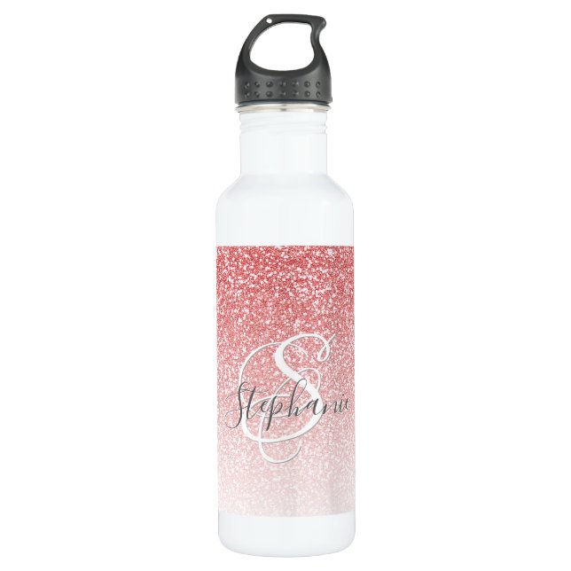 Rose Gold Glitter Ombre Script Monogram Stainless Steel Water Bottle (Front)