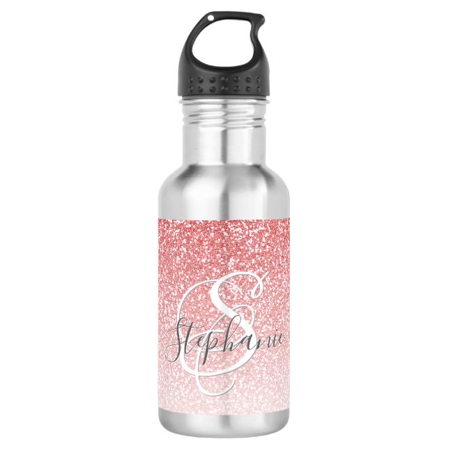Rose Gold Glitter Ombre Script Monogram Stainless Steel Water Bottle (Front)