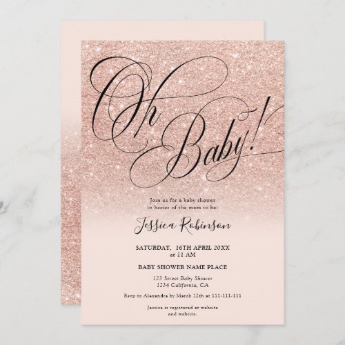 Rose gold glitter ombre script pink baby shower invitation