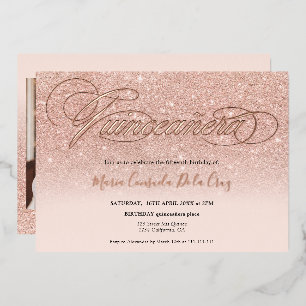 Rose gold glitter ombre script pink quinceañera foil invitation