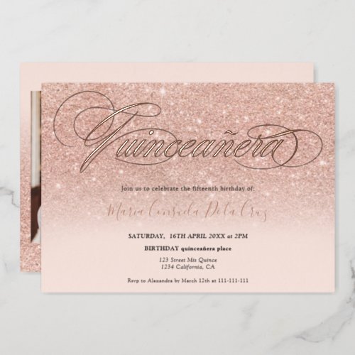 Rose gold glitter ombre script pink quinceaera foil invitation