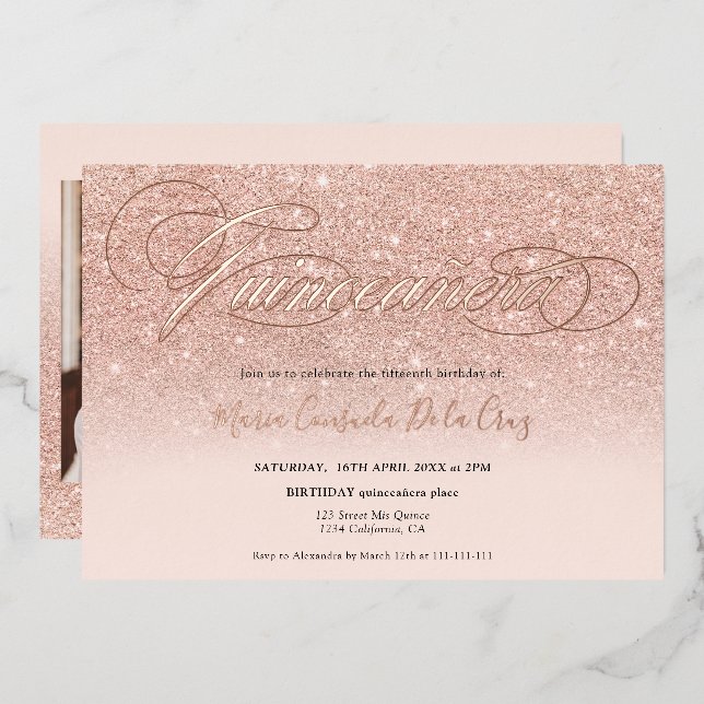Rose gold glitter ombre script pink quinceañera foil invitation (Front/Back)