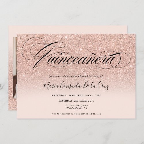 Rose gold glitter ombre script pink quinceaera invitation