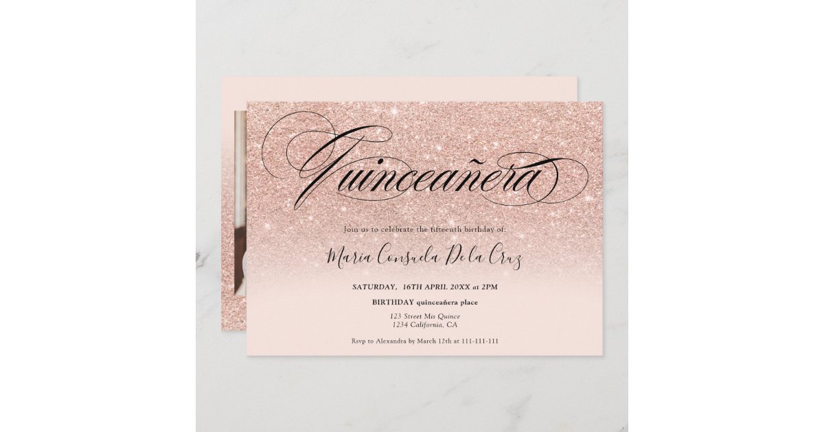 Rose gold glitter ombre script pink quinceañera invitation | Zazzle