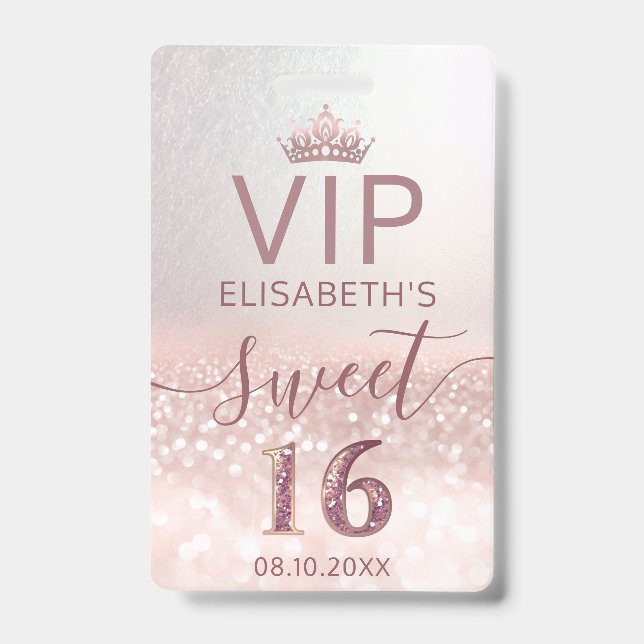 Rose gold glitter ombre script Sweet 16 VIP  Badge (Front)