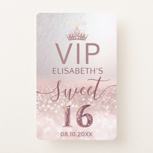 Rose gold glitter ombre script Sweet 16 VIP  Badge