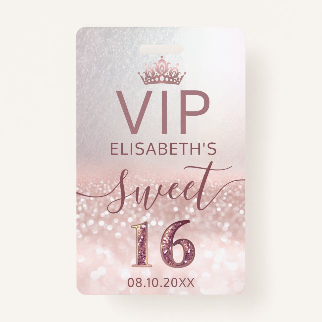 Rose gold glitter ombre script Sweet 16 VIP  Badge (Front)