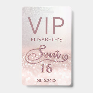 Rose gold glitter ombre script Sweet 16 VIP  Badge