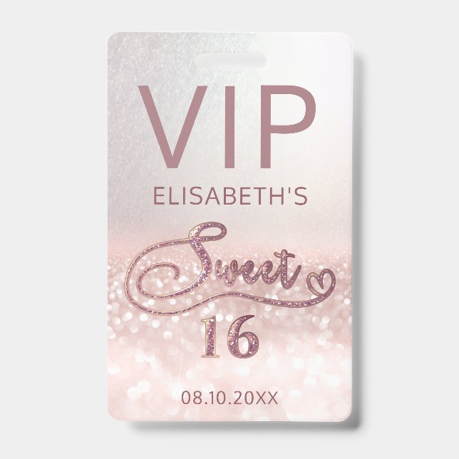 Rose gold glitter ombre script Sweet 16 VIP  Badge (Front)