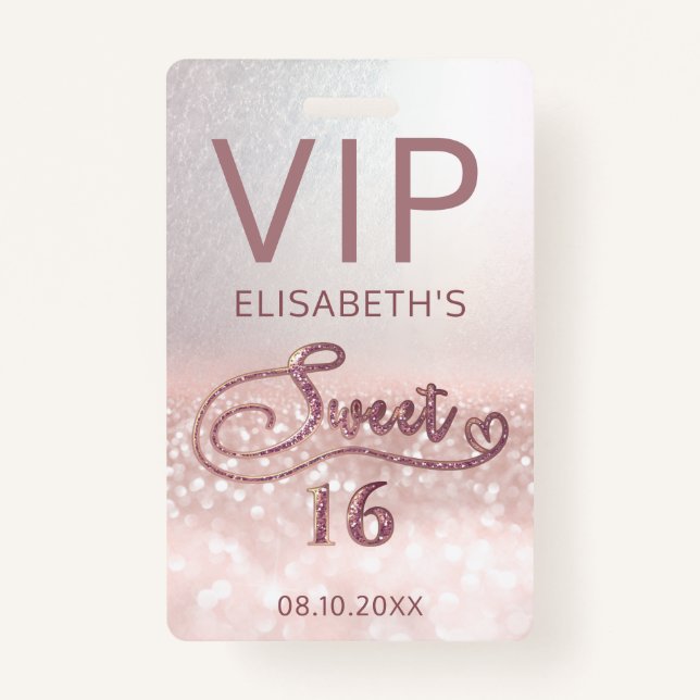 Rose gold glitter ombre script Sweet 16 VIP  Badge (Front)