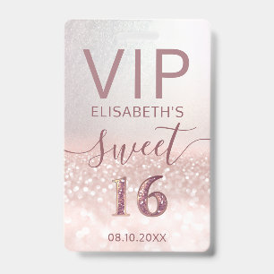 Rose gold glitter ombre script Sweet 16 VIP  Badge