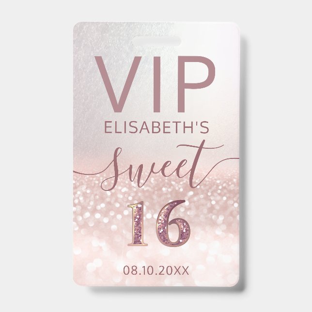 Rose gold glitter ombre script Sweet 16 VIP  Badge (Front)