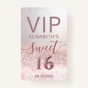 Rose gold glitter ombre script Sweet 16 VIP  Badge