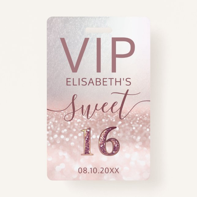 Rose gold glitter ombre script Sweet 16 VIP  Badge (Front)
