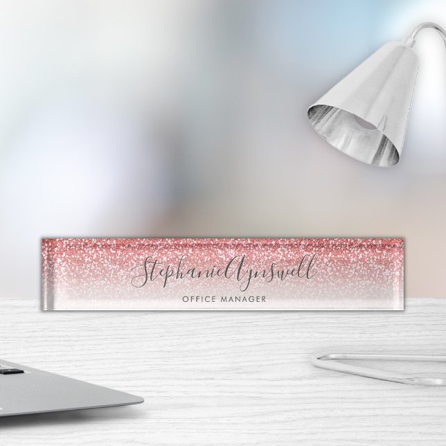Rose Gold Glitter Ombre Script Trendy Desk Name Plate (Creator Uploaded)