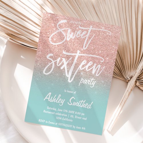 Rose gold glitter ombre teal typography Sweet 16 Invitation