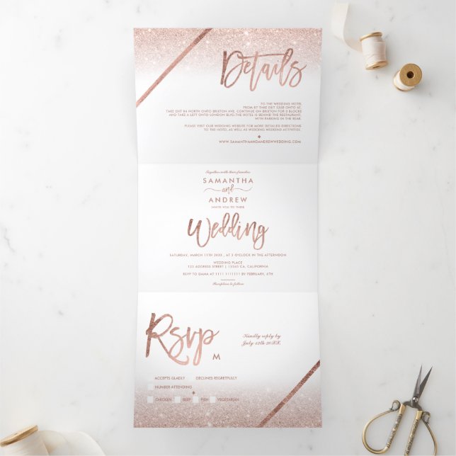 Rose gold glitter ombre typography white wedding Tri-Fold invitation (Inside)