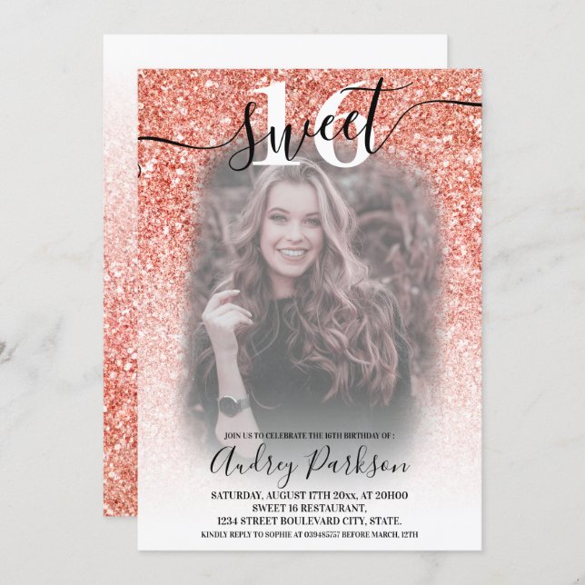 Rose gold glitter ombre white chic Sweet 16 photo Invitation (Front/Back)