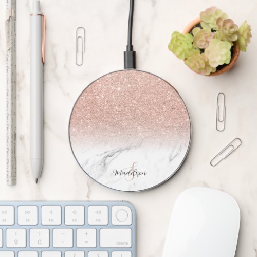 Rose Gold glitter ombre white marble monogram Wireless Charger