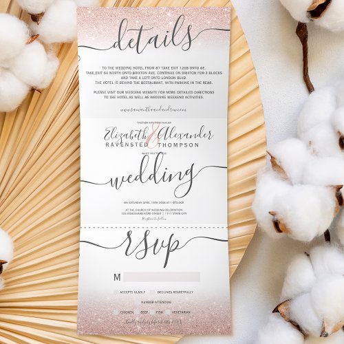 Rose gold glitter ombre white script chic wedding Tri_Fold invitation