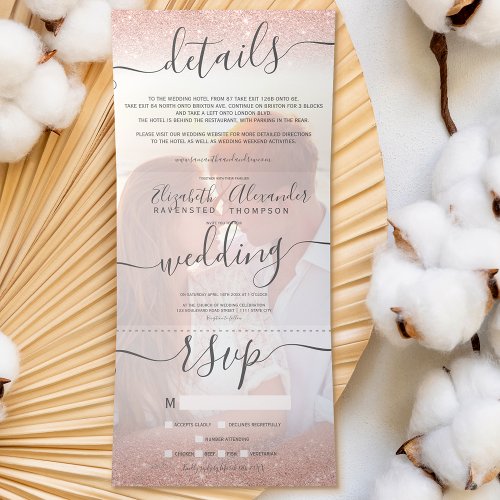 Rose gold glitter ombre white script photo wedding Tri_Fold invitation