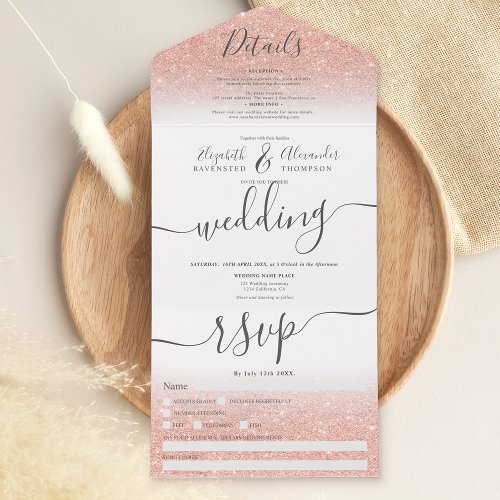 Rose gold glitter ombre white script wedding all in one invitation