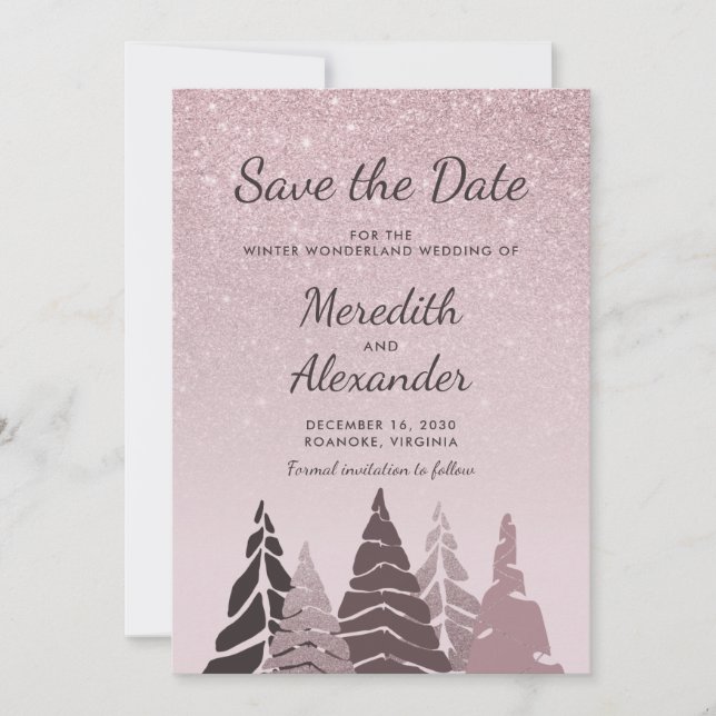 Rose Gold Glitter Ombre Winter Holiday Wedding Save The Date (Front)