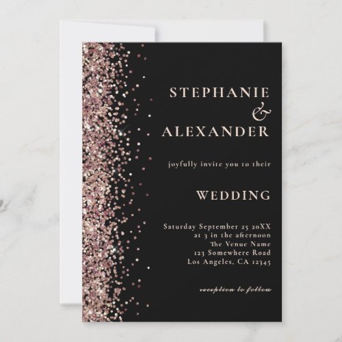 Rose Gold Glitter on Black Wedding Invitation