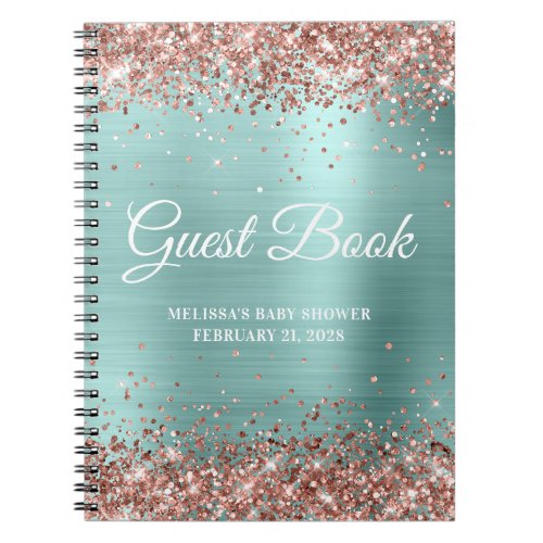Rose Gold Glitter Pale Turquoise Baby Shower Guest Notebook