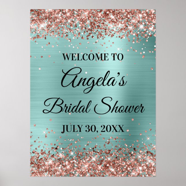 Rose Gold Glitter Pale Turquoise Bridal Shower Poster (Front)