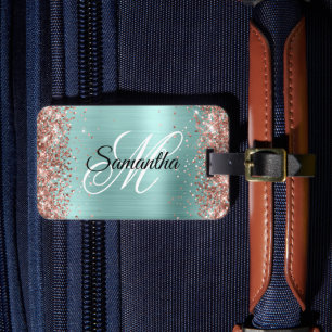 Rose Gold Glitter Pale Turquoise Fancy Monogram Luggage Tag