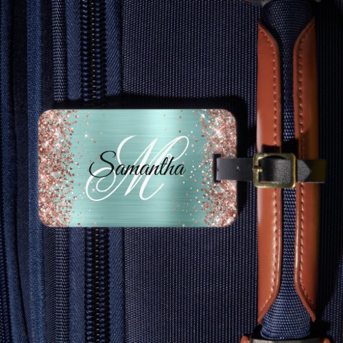 Rose Gold Glitter Pale Turquoise Fancy Monogram Luggage Tag