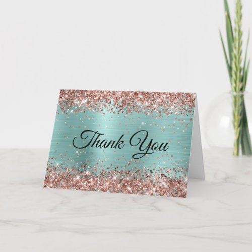 Rose Gold Glitter Pale Turquoise Foil Thank You Card