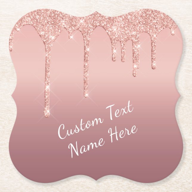 Rose Gold Glitter Paper Coaster with Custom Text (Front)