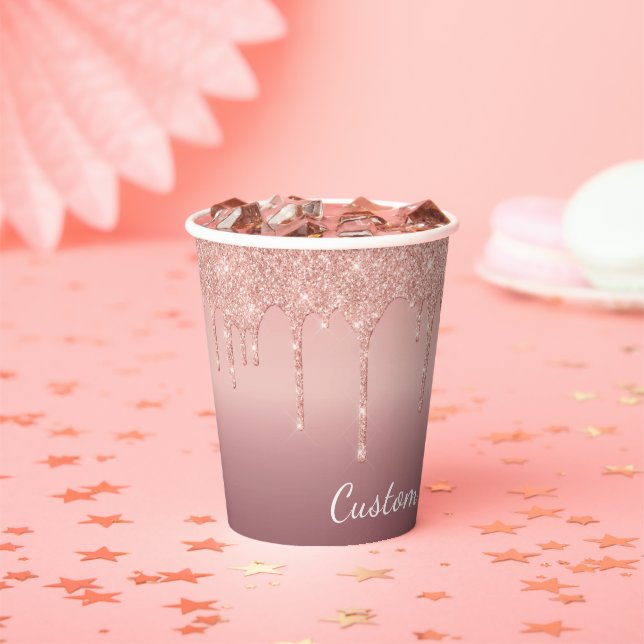 Rose Gold Glitter Paper Cups with Custom Name (Insitu)